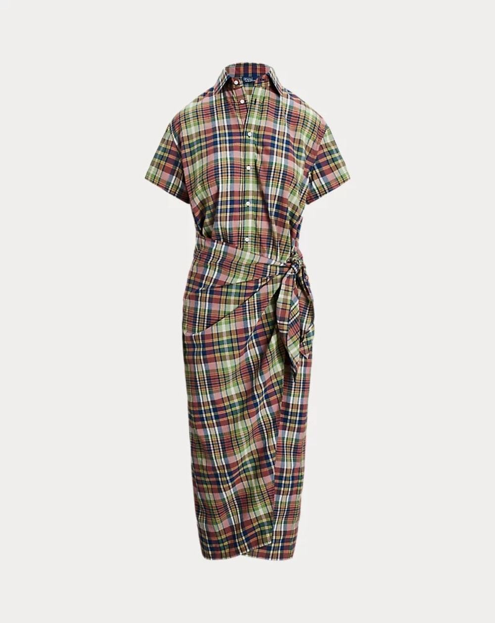 Polo Ralph Lauren Plaid Cotton Faux Wrap Midi Shirt Dress NWT